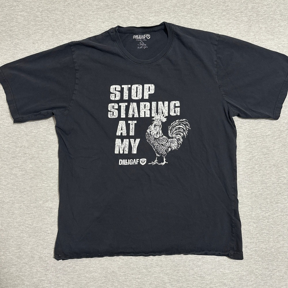 DILIGAF Stop Staring At My Rooster Funny Biker‎ Graphic Tee Faded Black X-Large